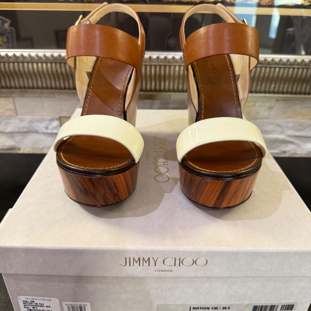 Jimmy Choo Brown and Cream Wood-Platform Slingback Sandals - Picture 2 of 8